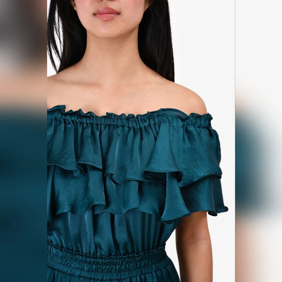 MISA Los Angeles Jules Mini Dress Off Shoulder Satin in Emerald Size XS Women's - Picture 2 of 13